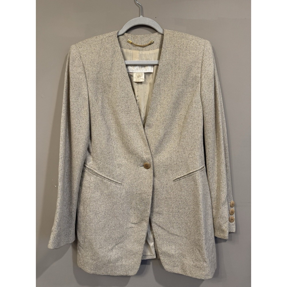Escada Margatha Ley Beige Ivory Tweed‎ Wool Silk Blend Blazer Luxury Size 38
